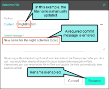 The Rename File dialog to designate a file path and commit message.