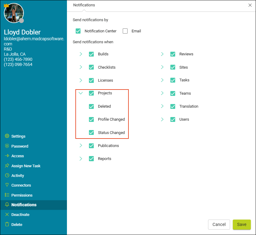 Setting Notifications for Projects
