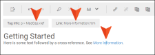 Image showing how a cross-reference is represented in the editor and info bar.