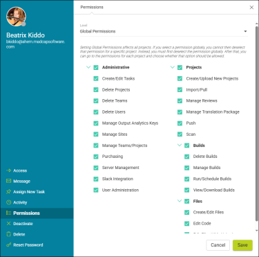 Dialog showing all the options available for user permissions.